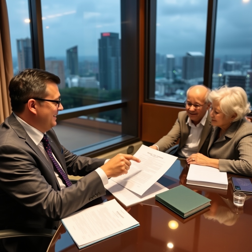 Elderly couple consulting with a legal advisor